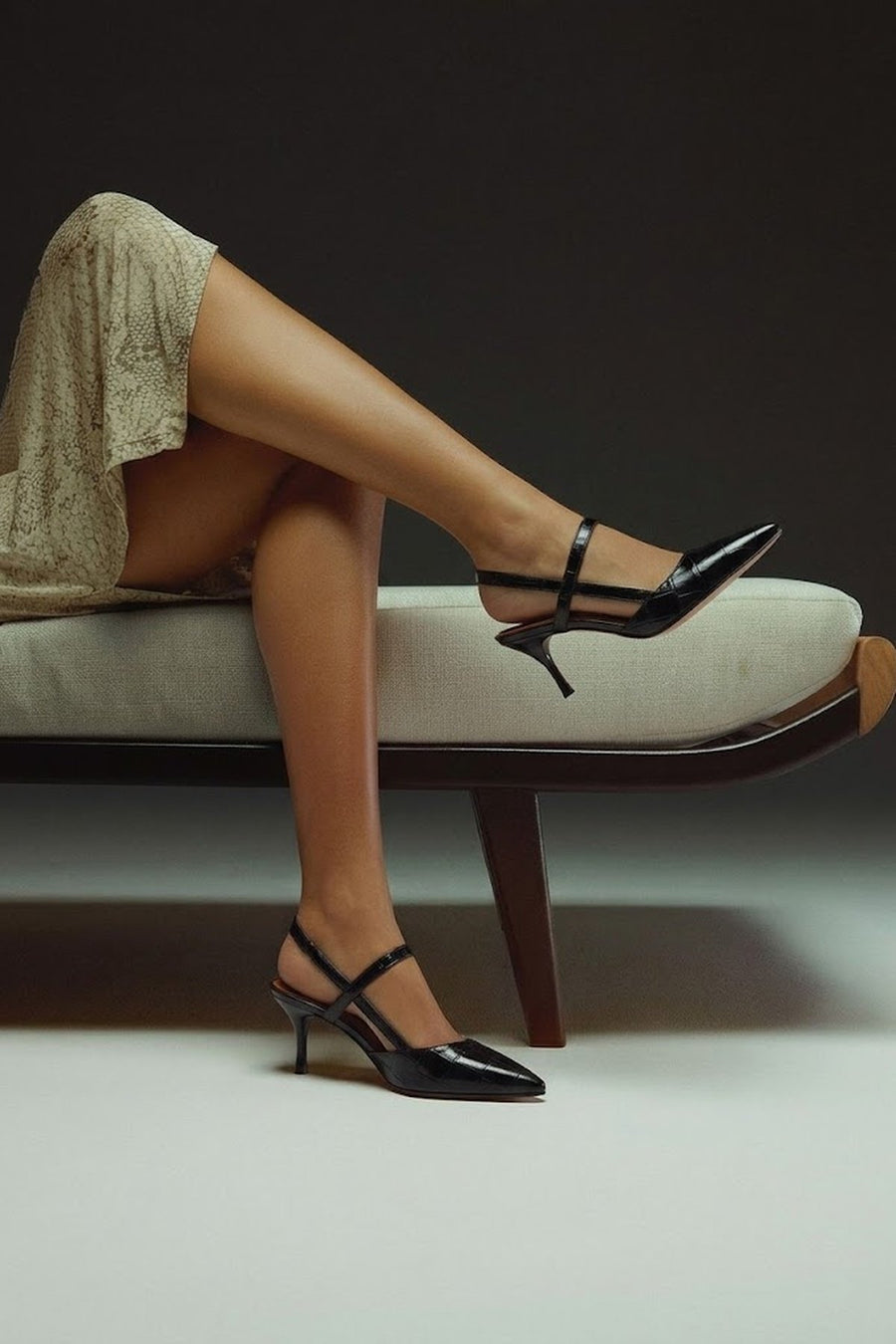Woman Black Open-Back Thin-Heeled Croc-Embossed Leather Shoes