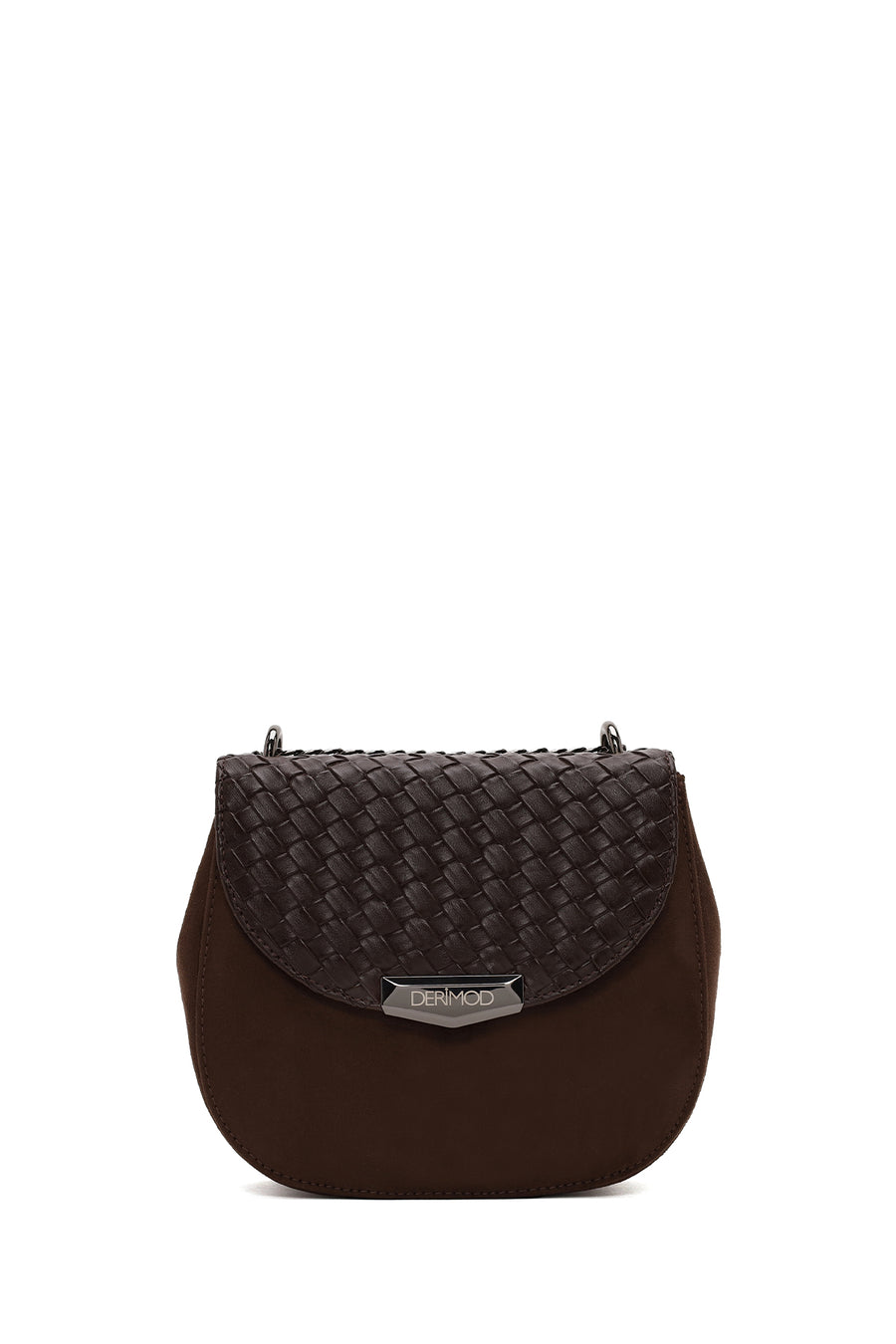 Woman Brown Chain Long-Strap Braided Crossbody Bag