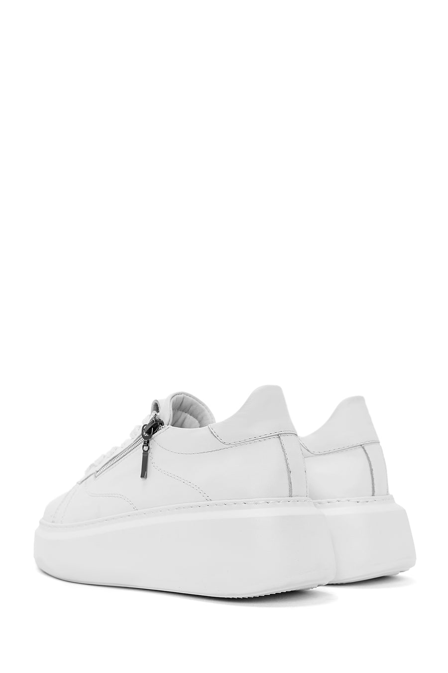 Kadın Beyaz Fermuarlı Bağcıklı Kalın Tabanlı Deri Sneaker