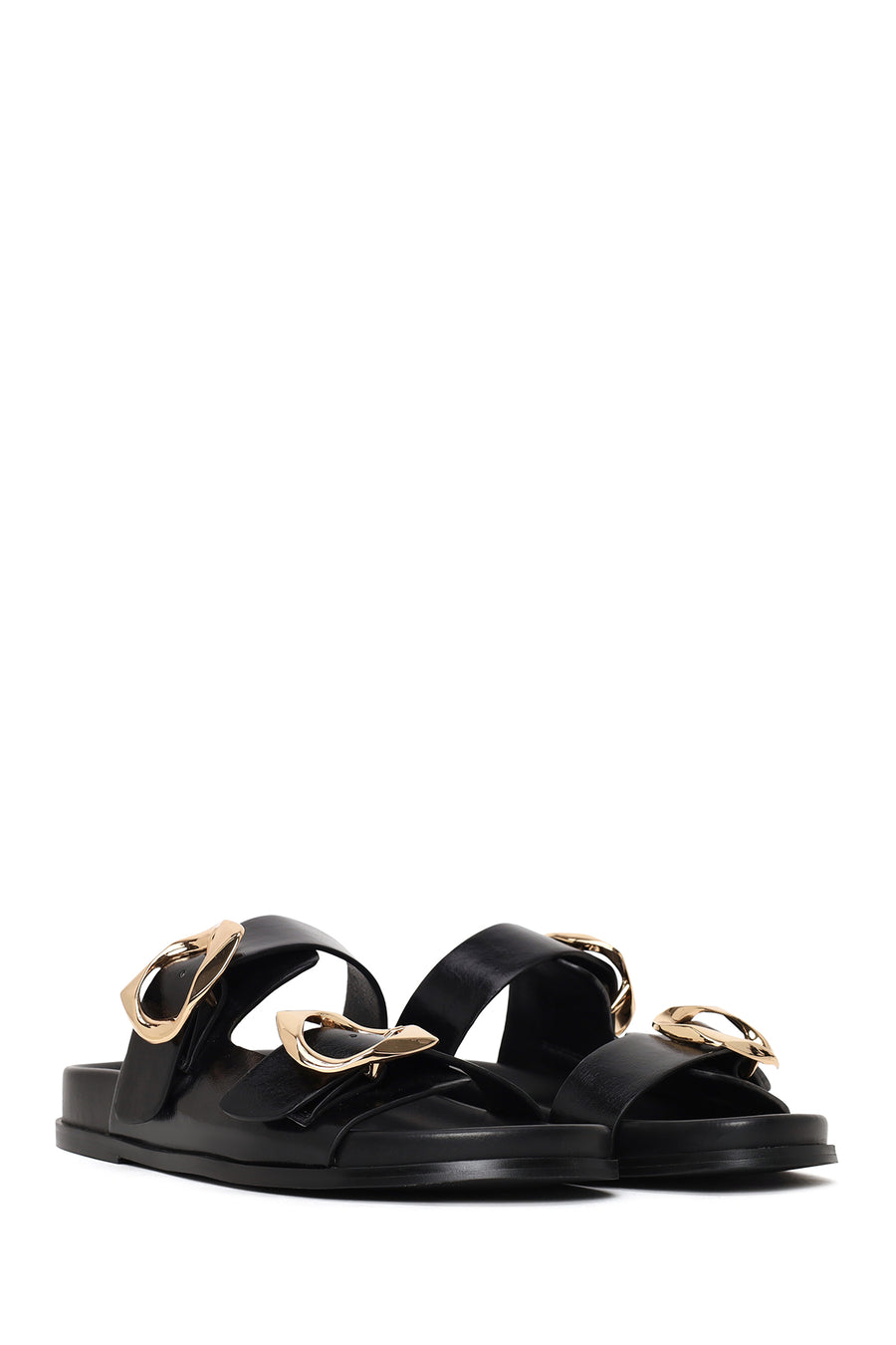 Woman Black Double-Buckle Slippers
