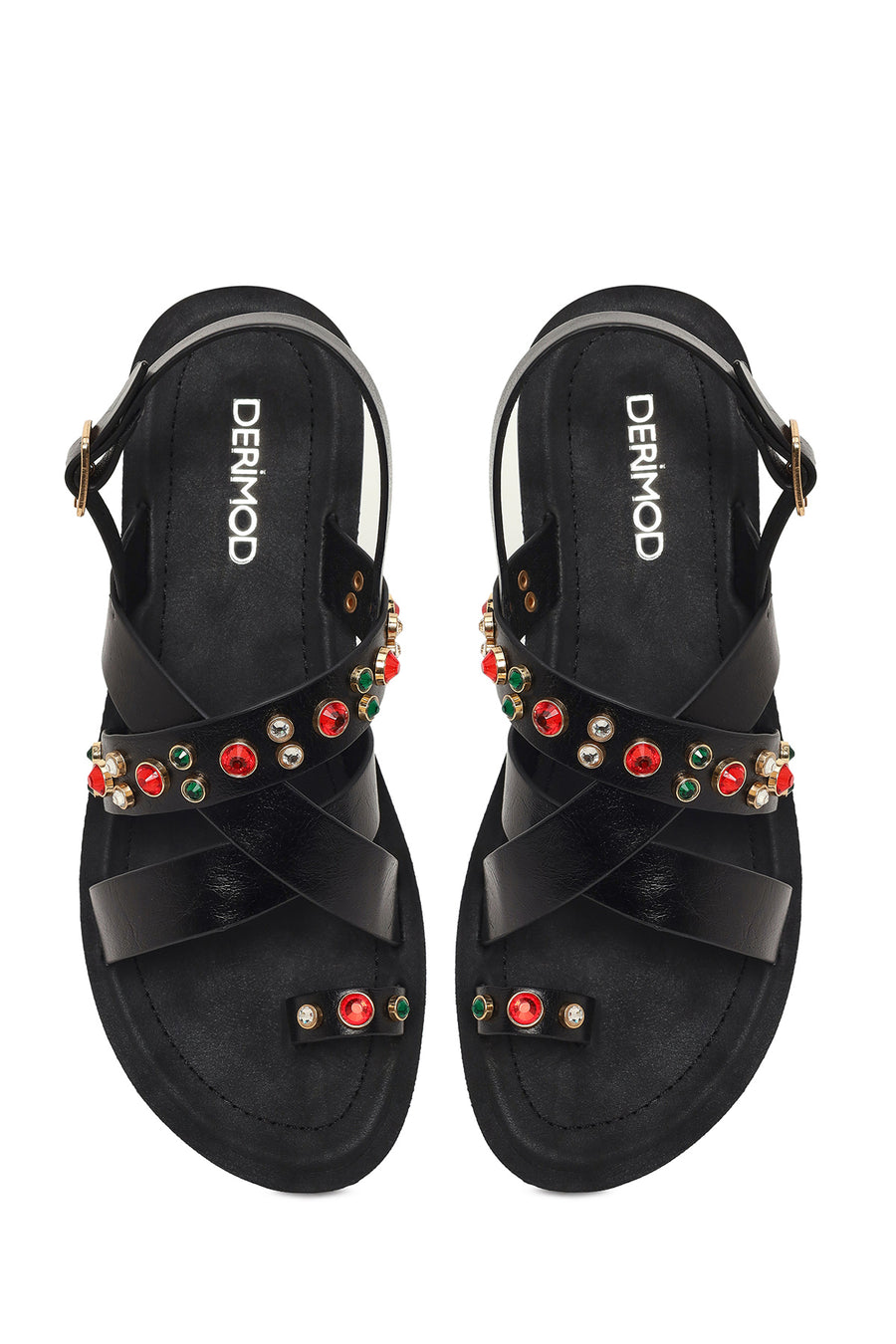 Woman Black Back-Buckled Rhinestone Sandals