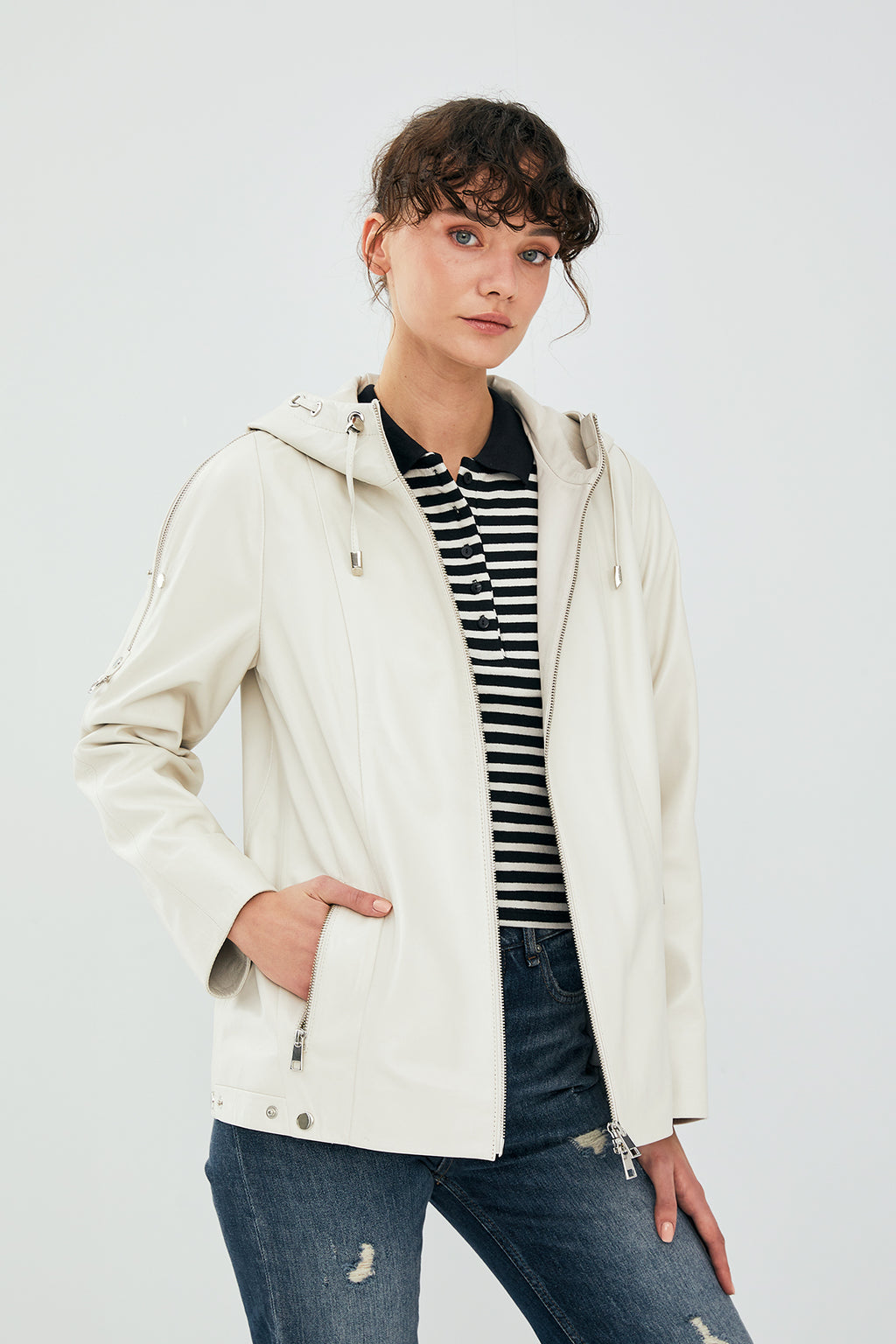 Judith Kadın Krem Kapüşonlu Oversize Deri Ceket