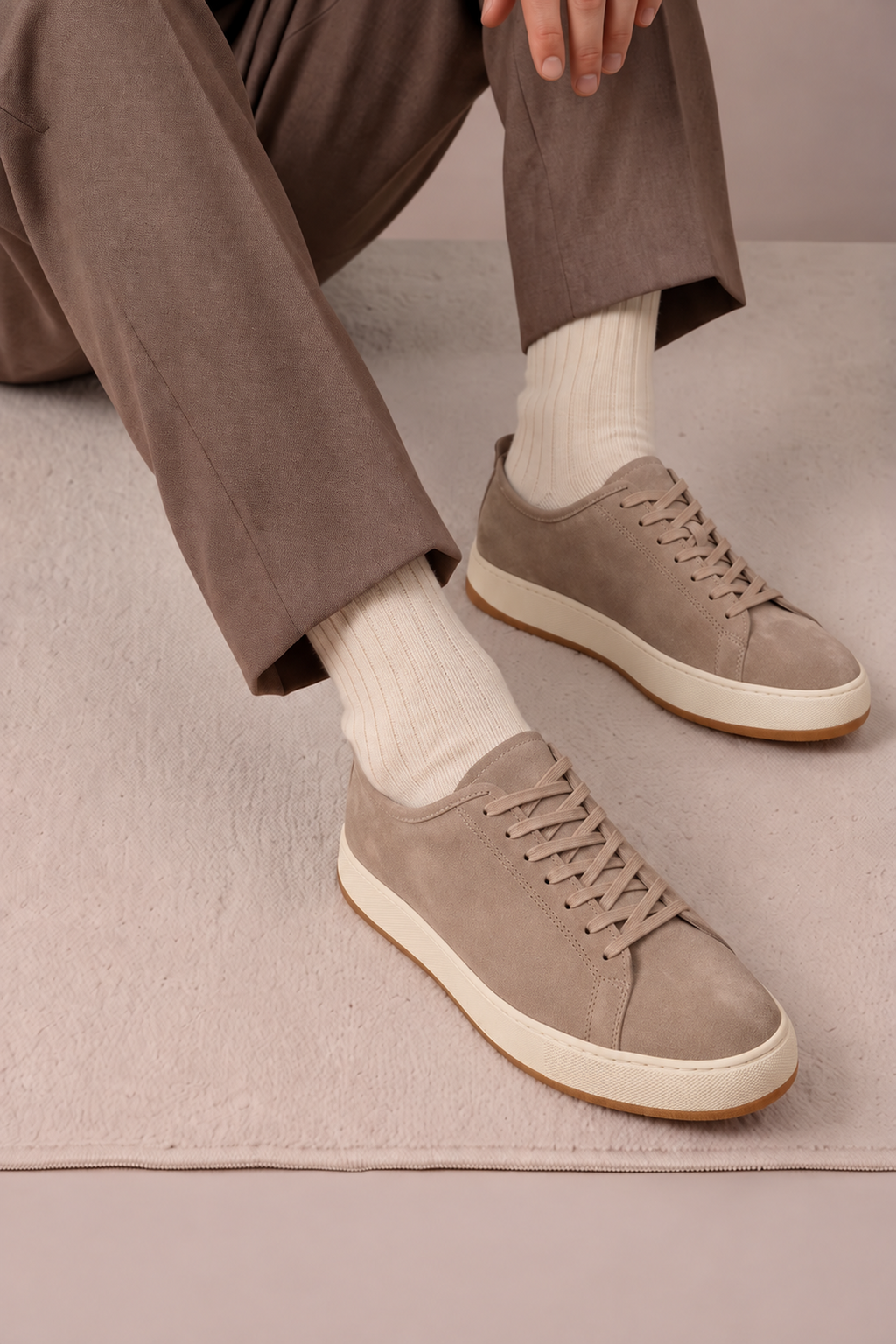Erkek Bej Bağcıklı Kalın Tabanlı Süet Deri Sneaker