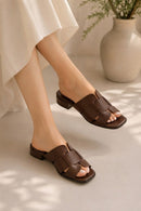 Woman Brown Short Thick-Heeled Leather Slipper | Derimod