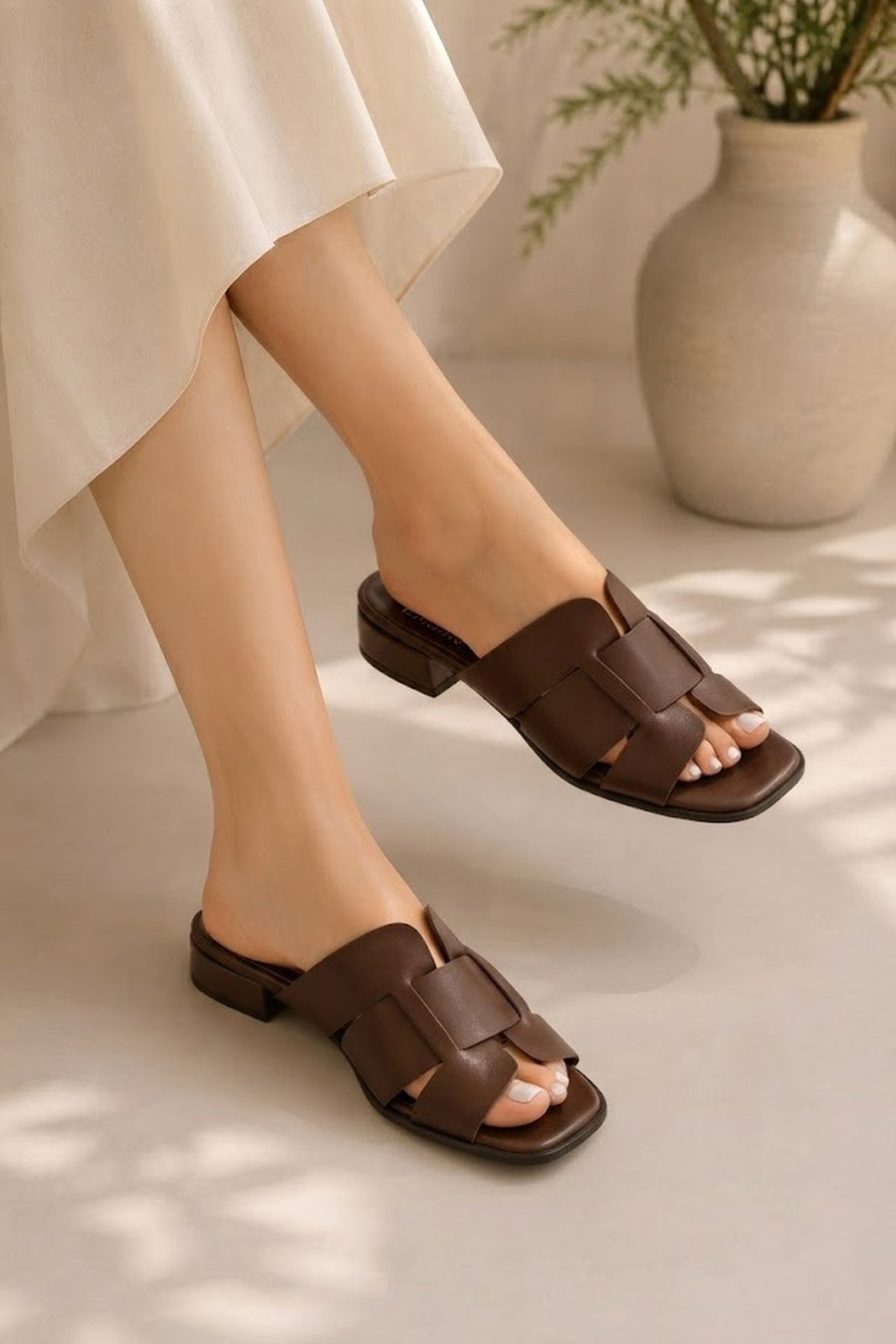 Woman Brown Short Thick-Heeled Leather Slipper