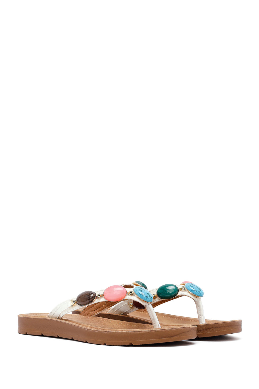 Women's White Flip Flops with Stones