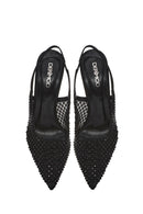 Women's Black Stoned Open Back Thin Heeled Leather Shoes | Derimod