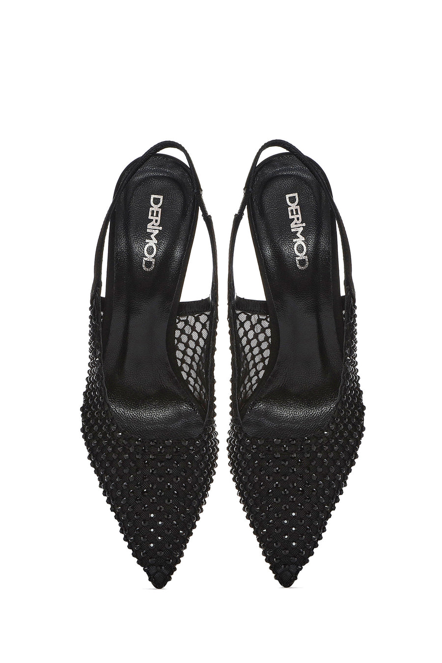 Women's Black Stoned Open Back Thin Heeled Leather Shoes