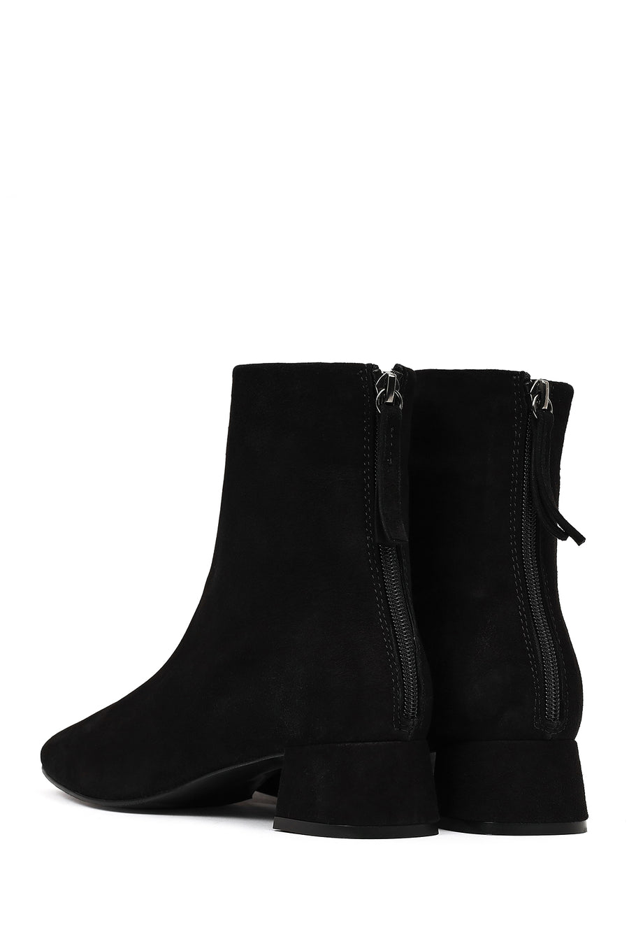 Woman Black Zip Closure Short Thick Heeled Suede Boots