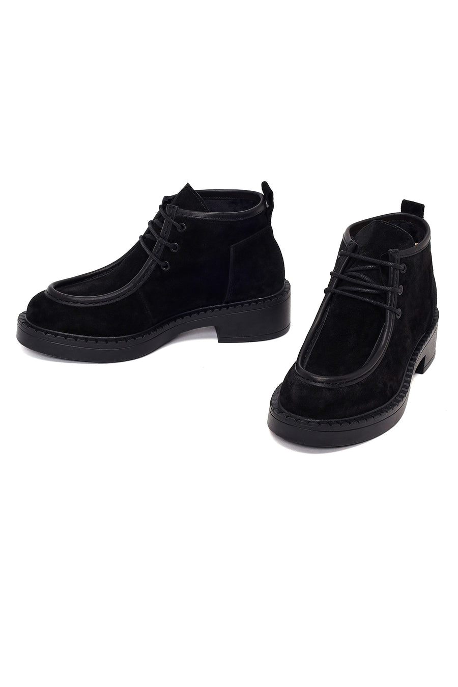 Woman Black Lace-Up Thick-Soled Suede Boots
