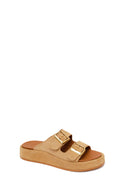 Woman Beige Double-Buckle Thick-Soled Suede Slipper | Derimod