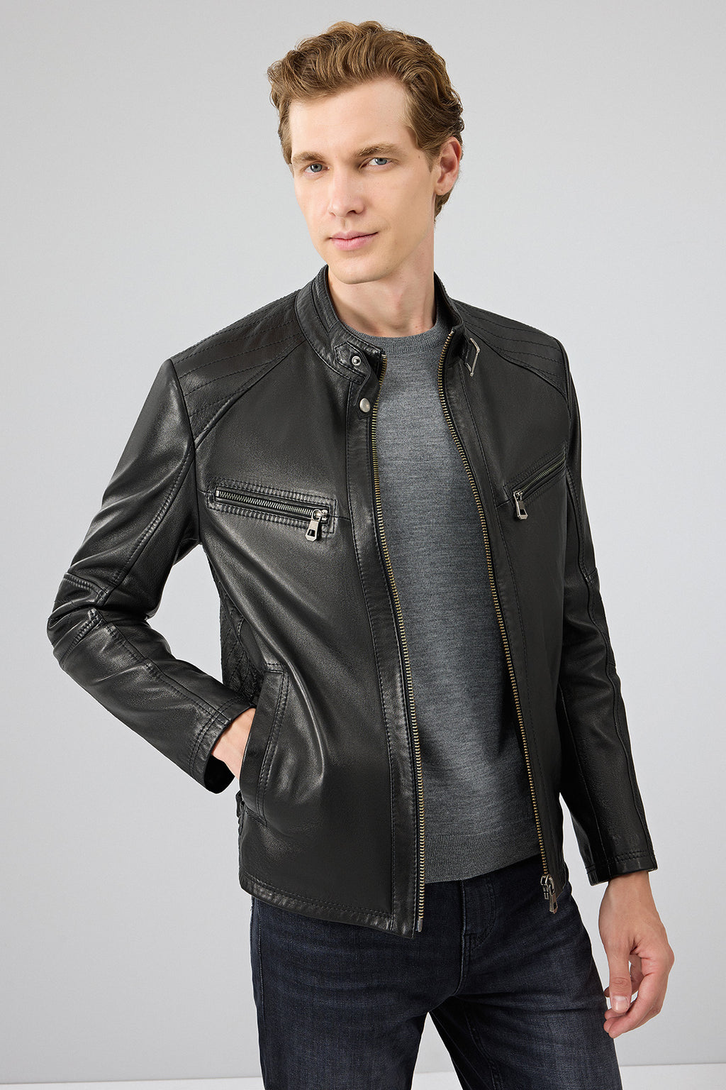 Jefferson Erkek Siyah Hakim Yaka Slim-Fit Deri Ceket