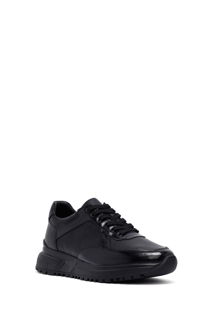 Erkek Siyah Bağcıklı Deri Casual Sneaker