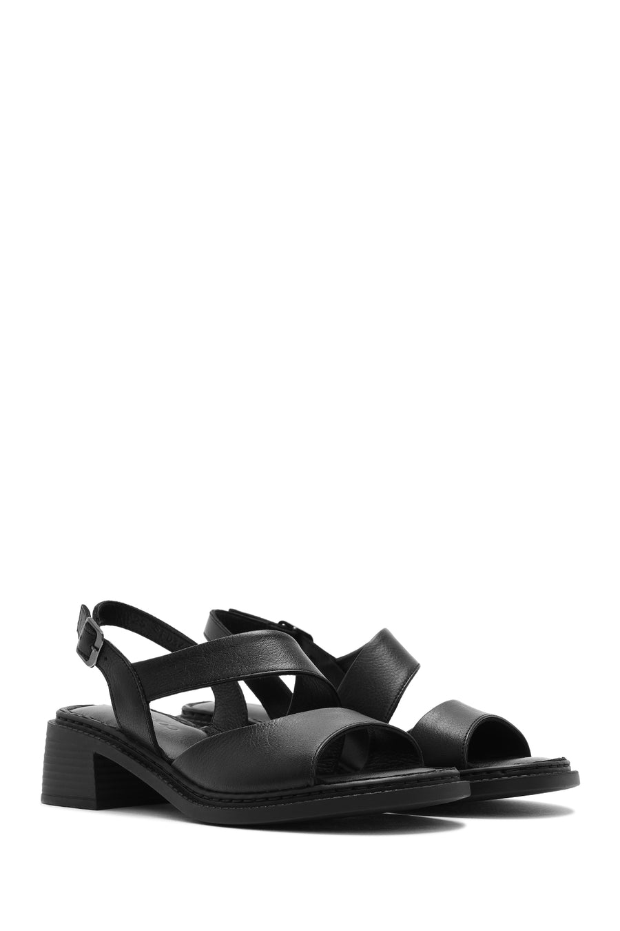 Women's Black Ankle Buckle Low Heel Leather Sandals