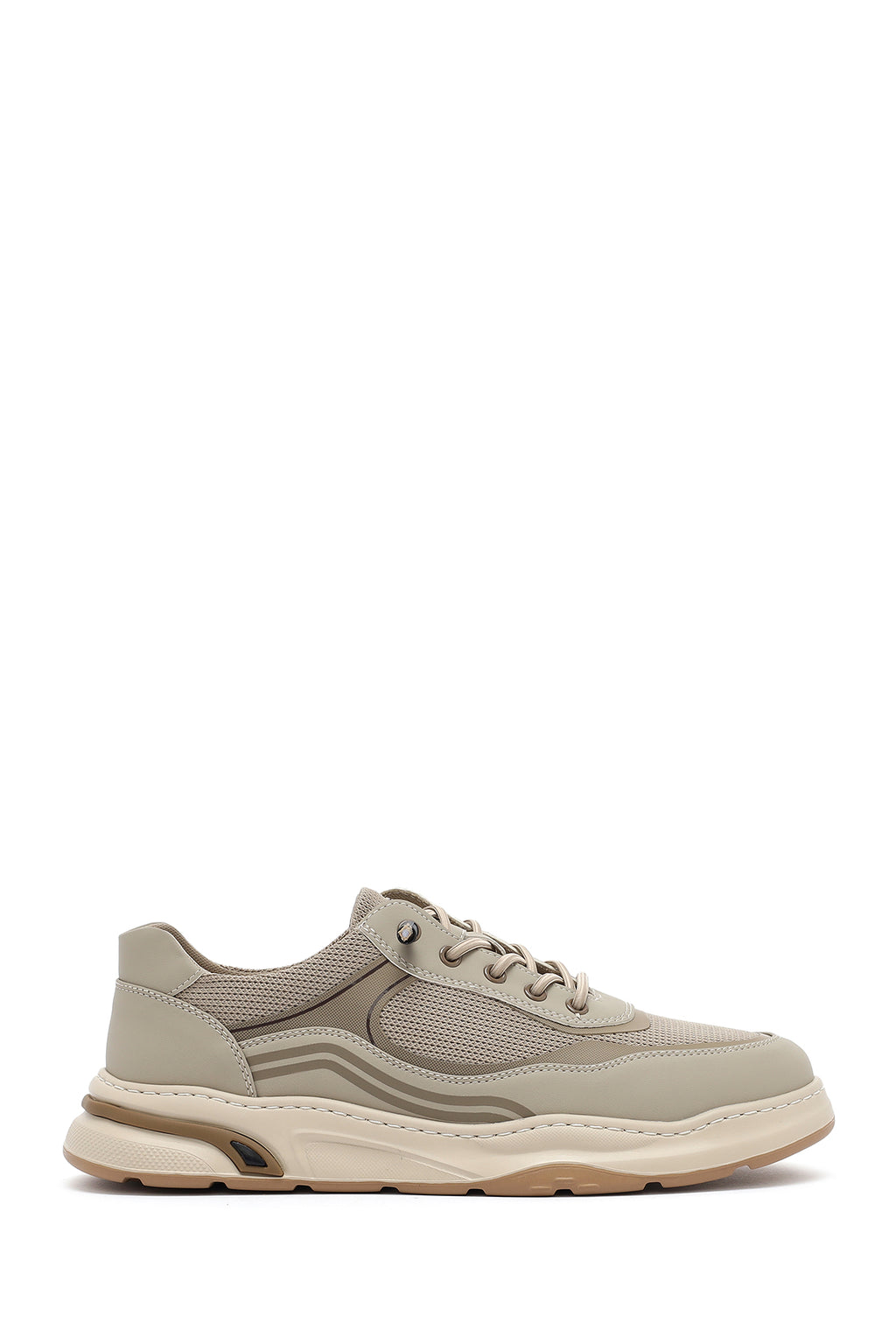 Erkek Bej Bağcıklı Deri Sneaker