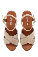 Women's Beige Ankle Strap Wedge Heel Suede Leather Espadrille Sandals | Derimod