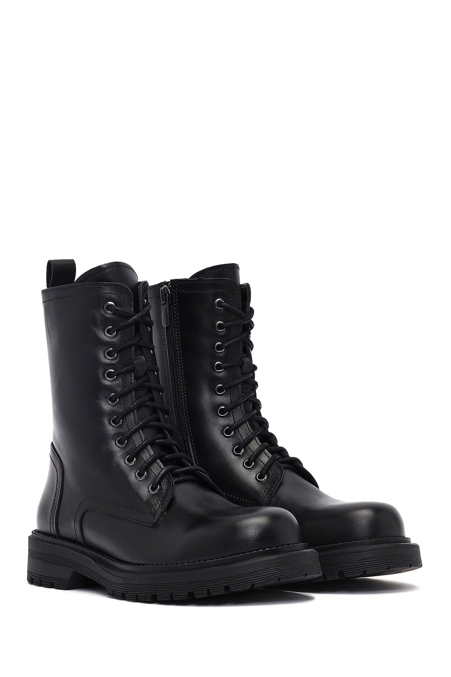 Women's Black Zipper Leather Combat Boots
