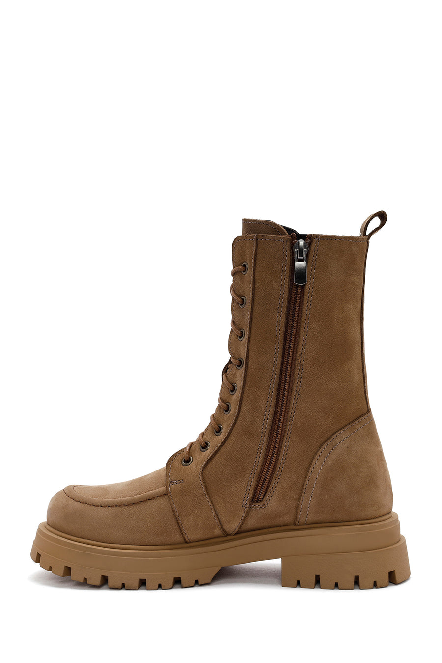 Women's Camel Zippered Nubuck Leather Combat Boots