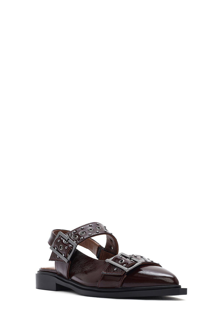 Women's Claret Red Open Back Buckled Patent Leather Ballerinas