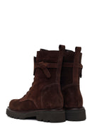 Woman Brown Lace-Up Zip Closure Suede Combat Boots | Derimod