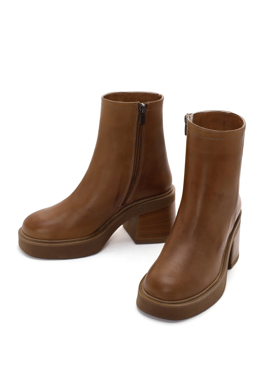 Women's Tan Zippered Thick Heeled Leather Boots