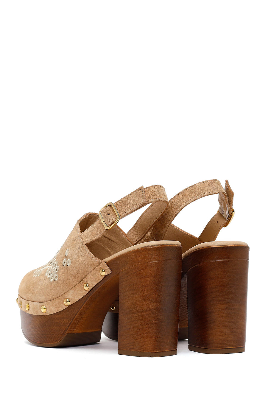 Woman Beige Ankle-Buckle Platform High Chunky High-Heel Suede Sandal