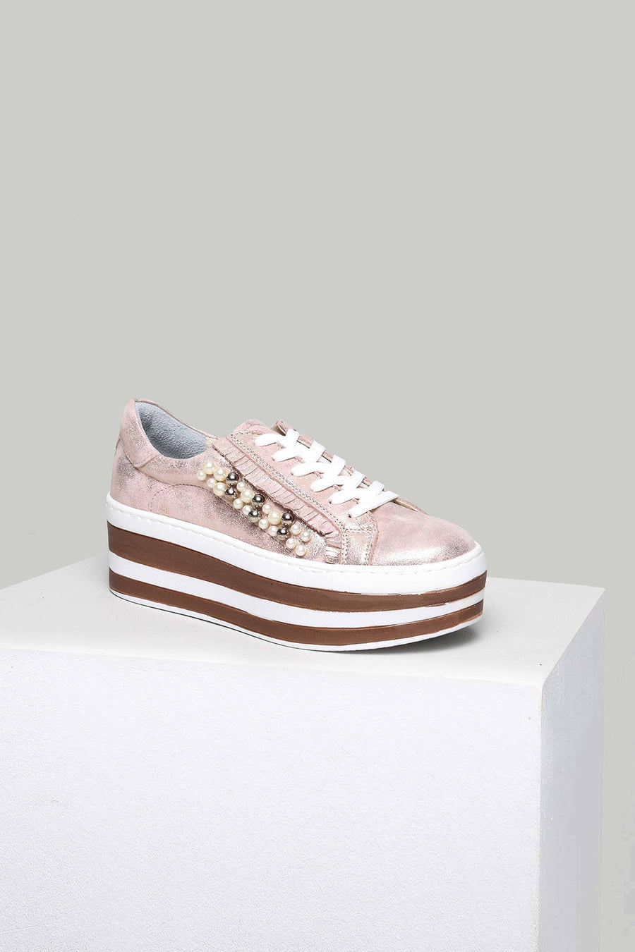 Pink-Gold High-Sole Women's Leather Sneaker 18SFD175132 | Derimod