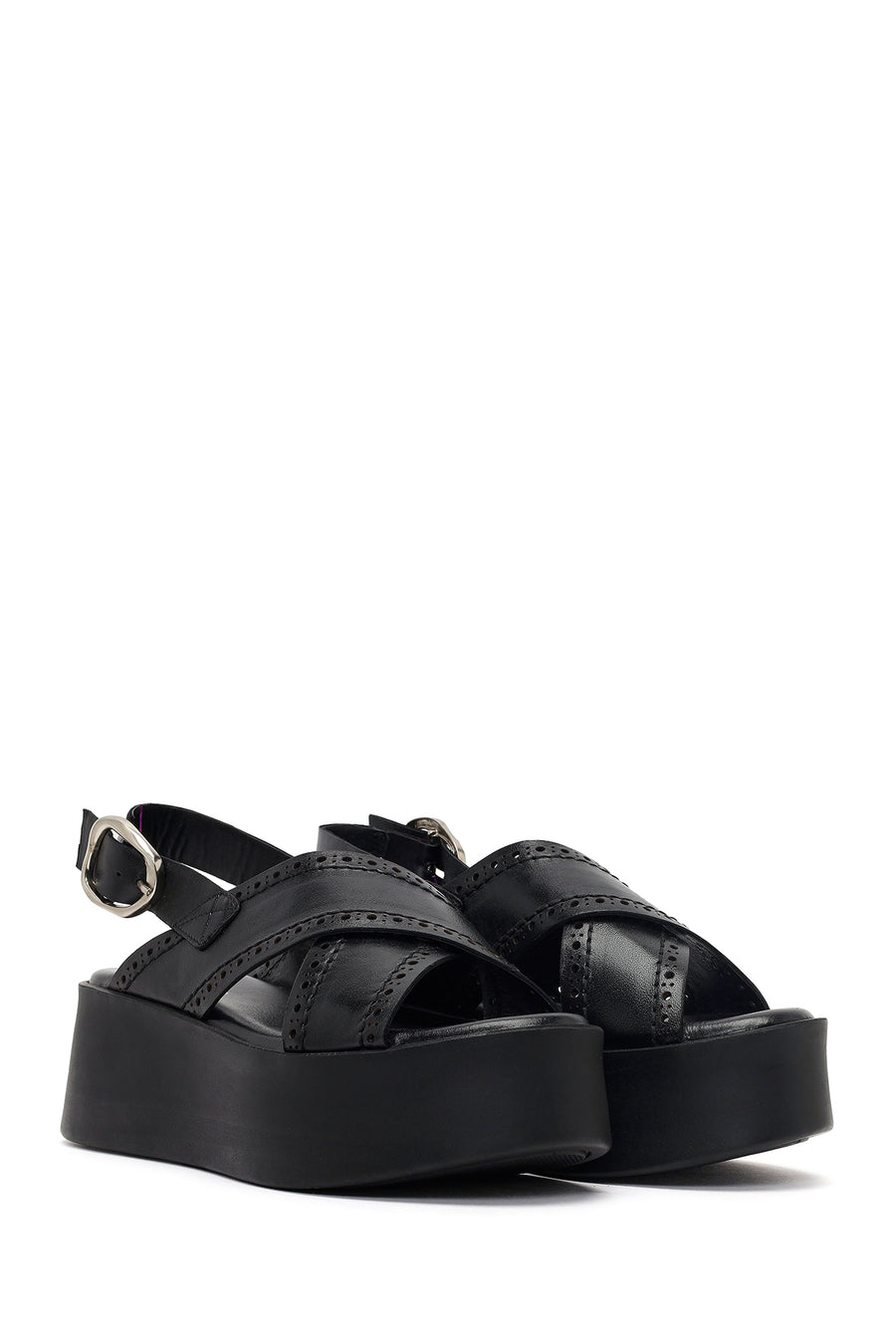 Women's Black Ankle Buckle Platform Wedge Leather Sandals