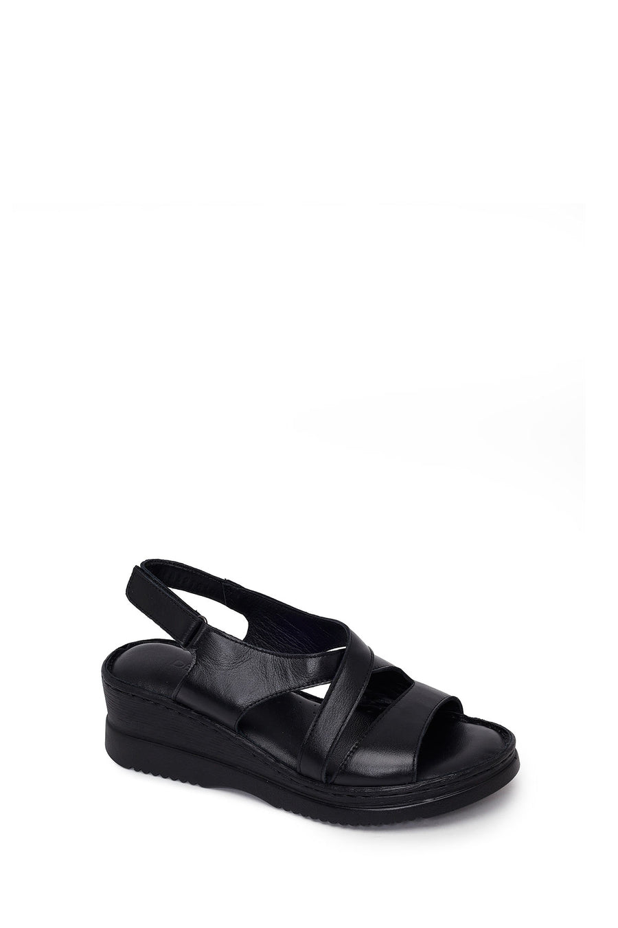 Woman Black Wedge Heel Leather Comfort Sandal