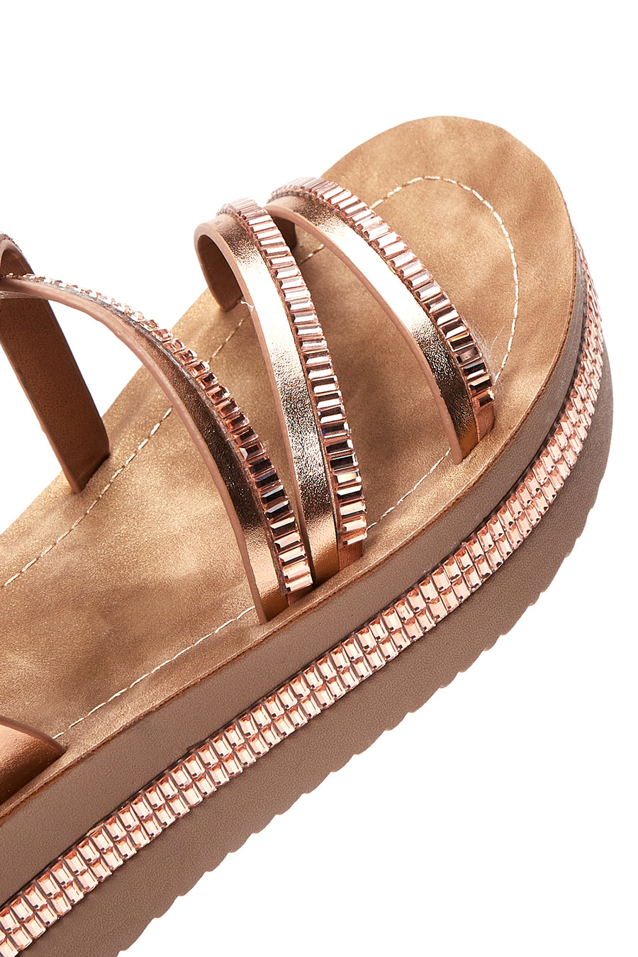 Kadın Altın Taşlı Kalın Tabanlı Düz Sandalet
