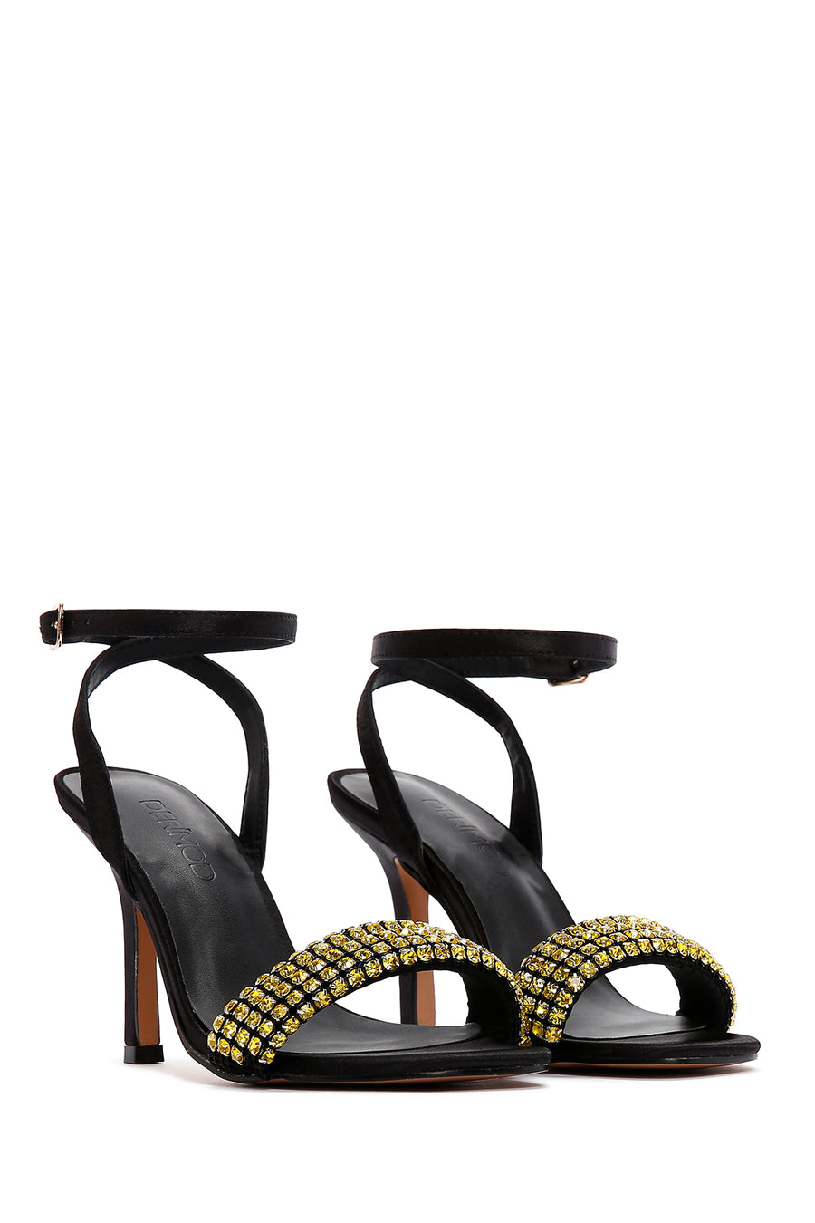 Women's Black Yellow Stone Thin Heeled Ankle Sandals