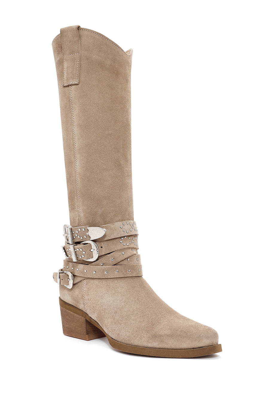 Women's Beige Thick Heel Buckle Detailed Suede Leather Cowboy Boots