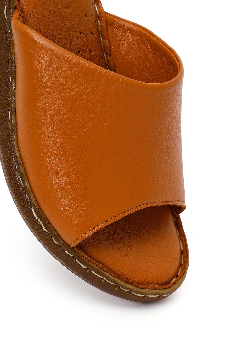 Woman Tan Wedge Heel Leather Comfort Slipper
