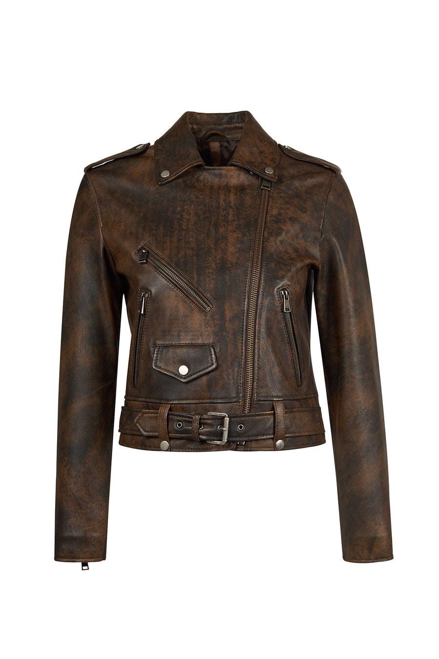 Newage Kadın Kahverengi Slim-Fit Biker Deri Ceket