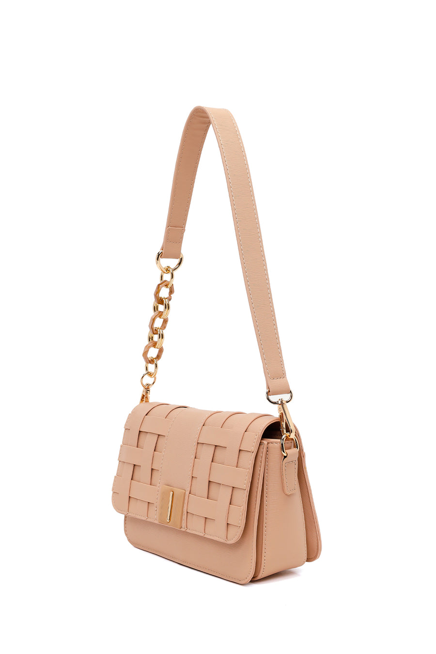 Woman Beige Long-Strap Knitted Crossbody Bag