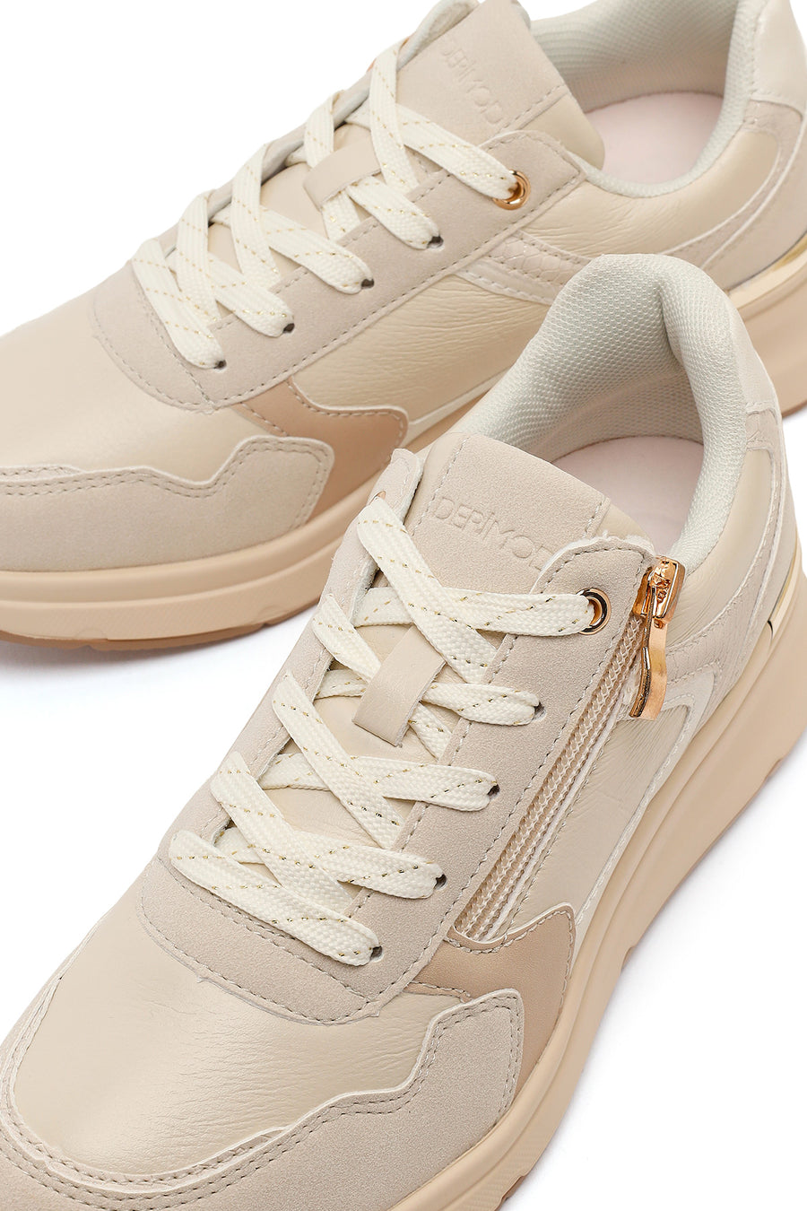 Kadın Bej Yandan Fermuarlı Bağcıklı Kalın Tabanlı Sneaker
