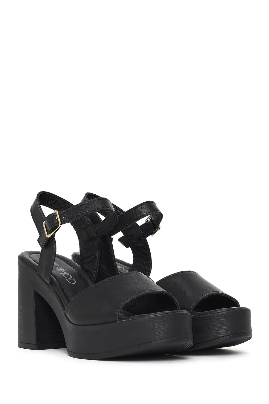 Woman Black Buckled Platform Block-Heel Leather Sandals
