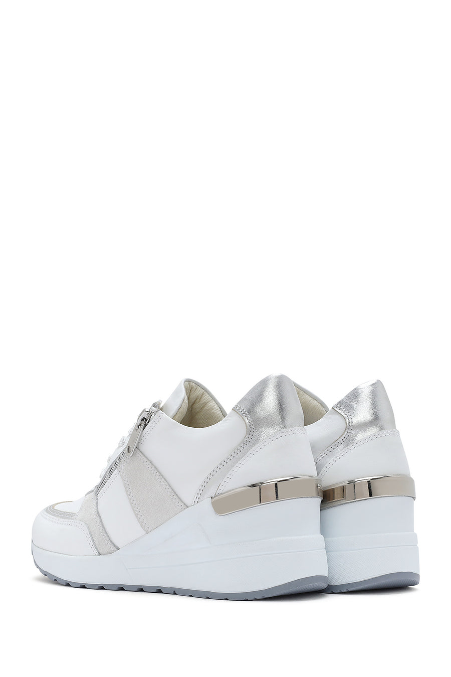 Kadın Beyaz Dolgu Topuklu Yandan Fermuarlı Deri Sneaker