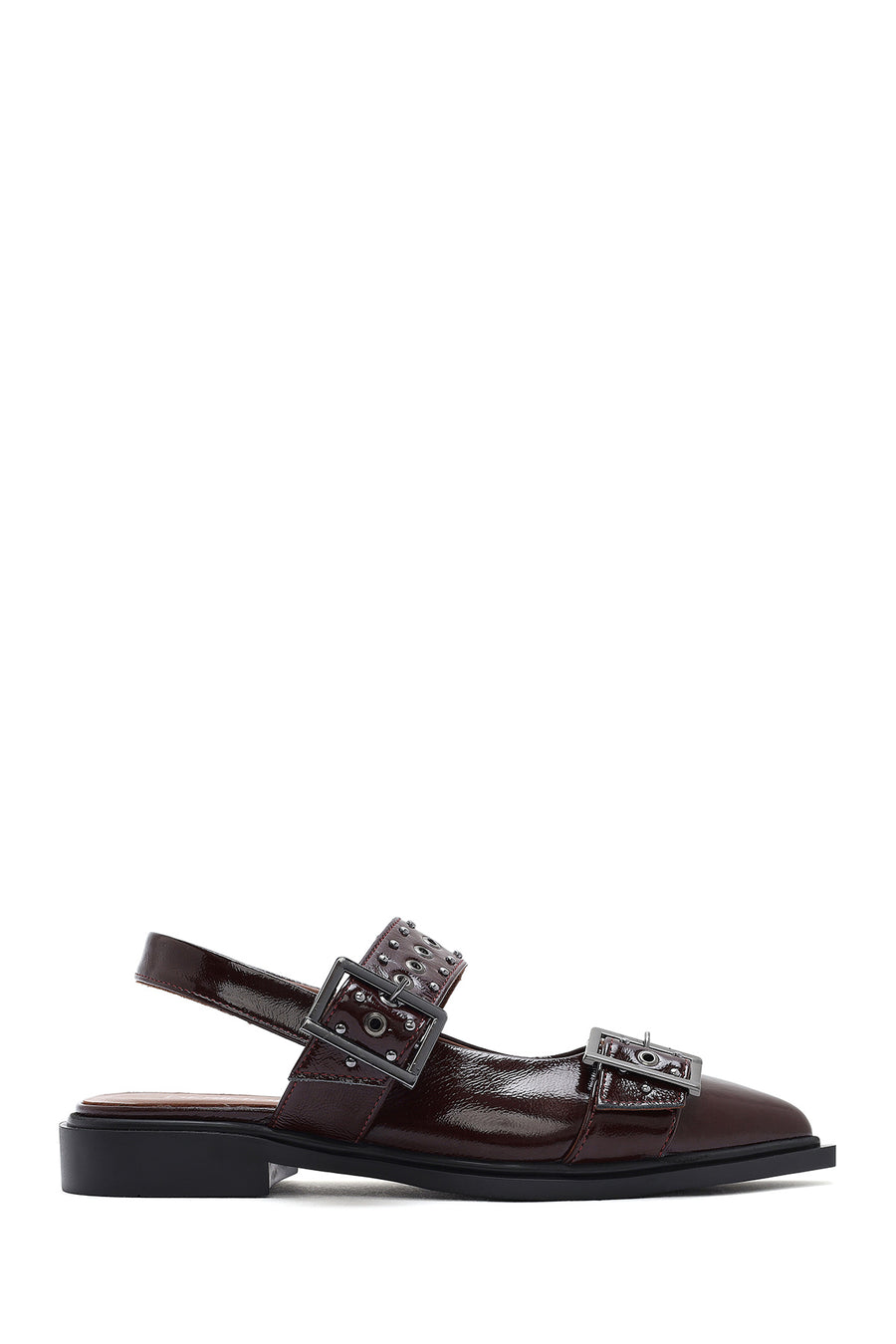 Women's Claret Red Open Back Buckled Patent Leather Ballerinas
