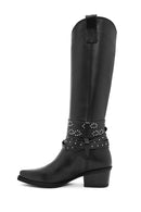 Women's Black Thick Heel Buckle Detailed Leather Cowboy Boots | Derimod