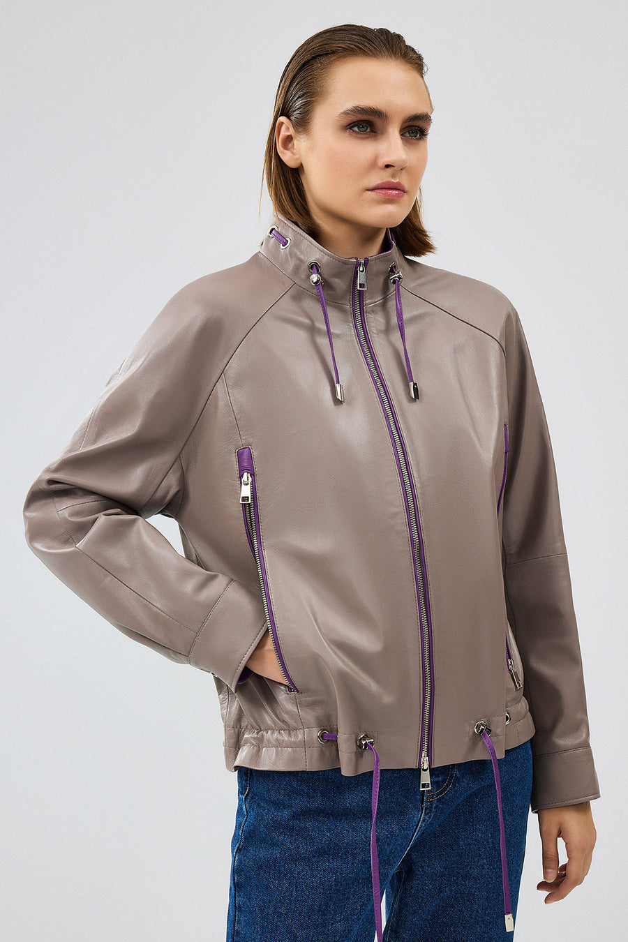 Terry Women's Grey Oversize Leather Jacket