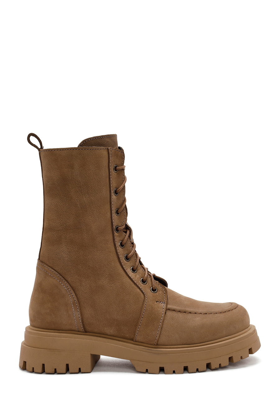 Women's Camel Zippered Nubuck Leather Combat Boots