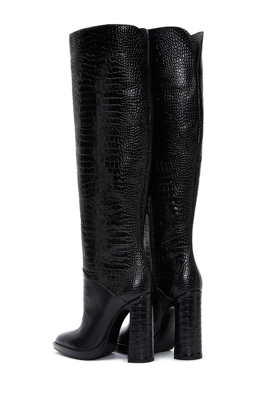 Women's Black Zippered High Heel Leather Boots