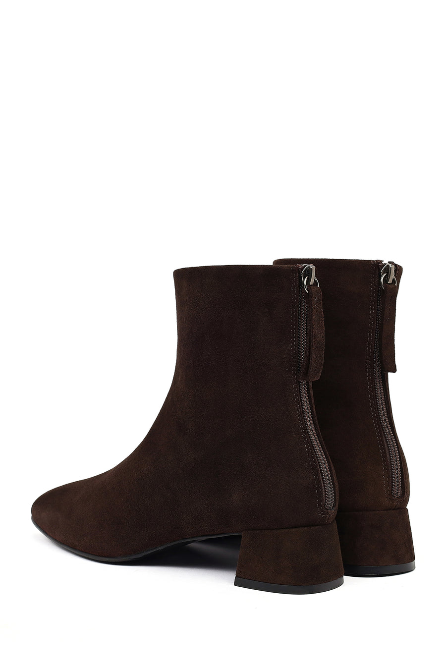 Woman Brown Zip Closure Short Thick-Heeled Suede Boots