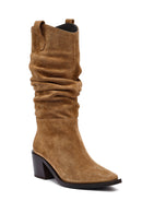 Woman Mink Chunky Heel Suede Leather Cowboy Boots | Derimod