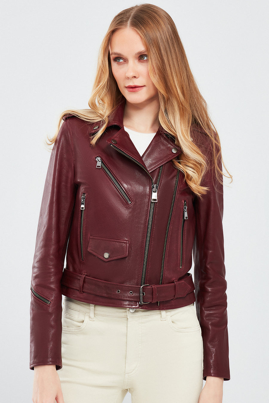 London Women's Burgundy Biker Leather Jacket