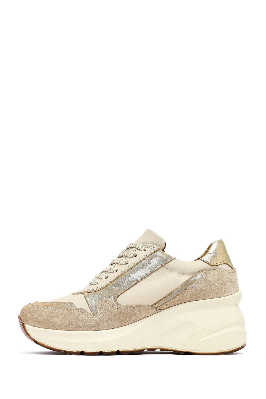 Kadın Bej Bağcıklı Fermuar Detaylı Dolgu Topuklu Deri Sneaker