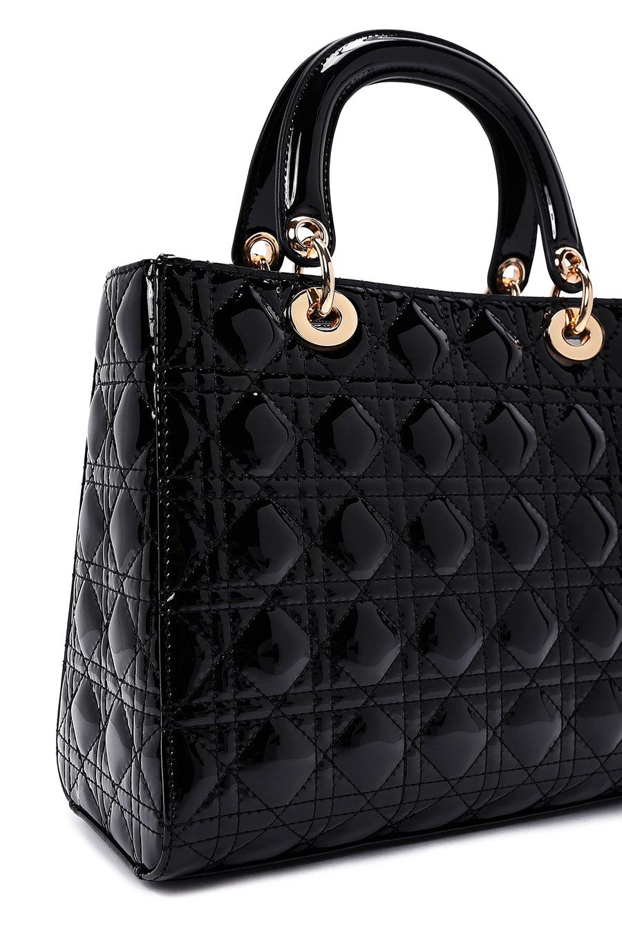 Women's Black Long Strap Patterned Patent Leather Handbag