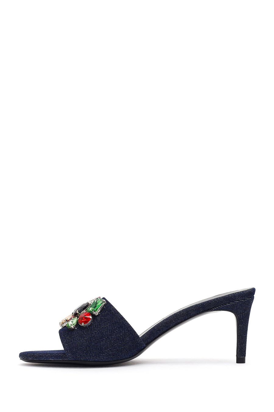 Women's Blue Thin-Heeled Satin Slippers with Rhinestones