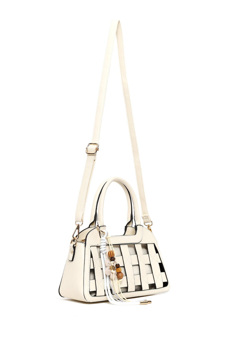 Woman Cream Long-Strap Knitted Mini Shoulder Bag